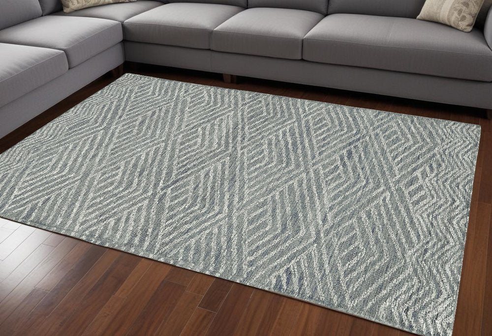 7' X 10' Denim Blue And Gray Wool Geometric Hand Tufted Area Rug