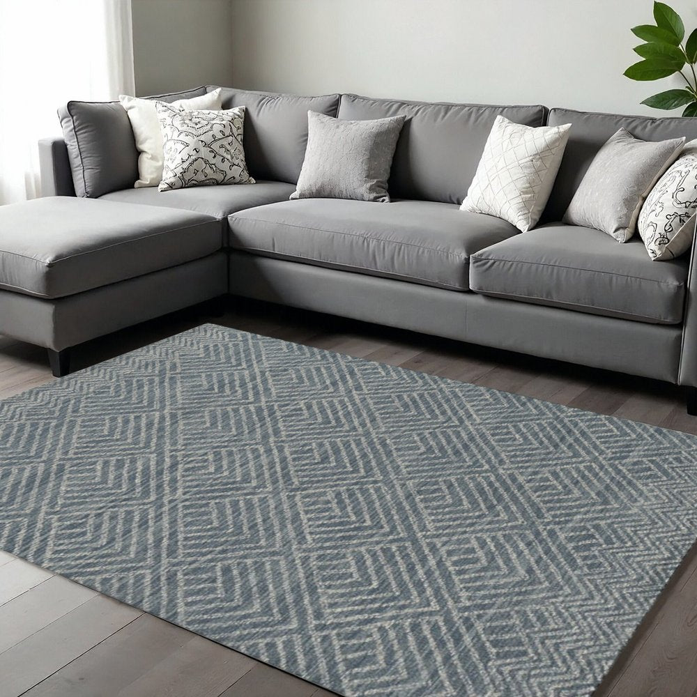 9' X 13' Denim Blue And Gray Wool Geometric Hand Tufted Area Rug