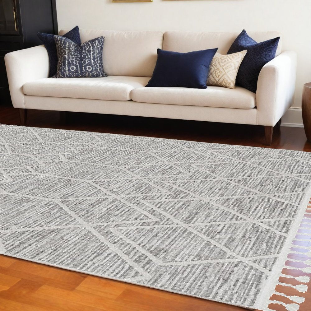 9' X 13' Ivory Grey Machine Woven Geometric Indoor Area Rug