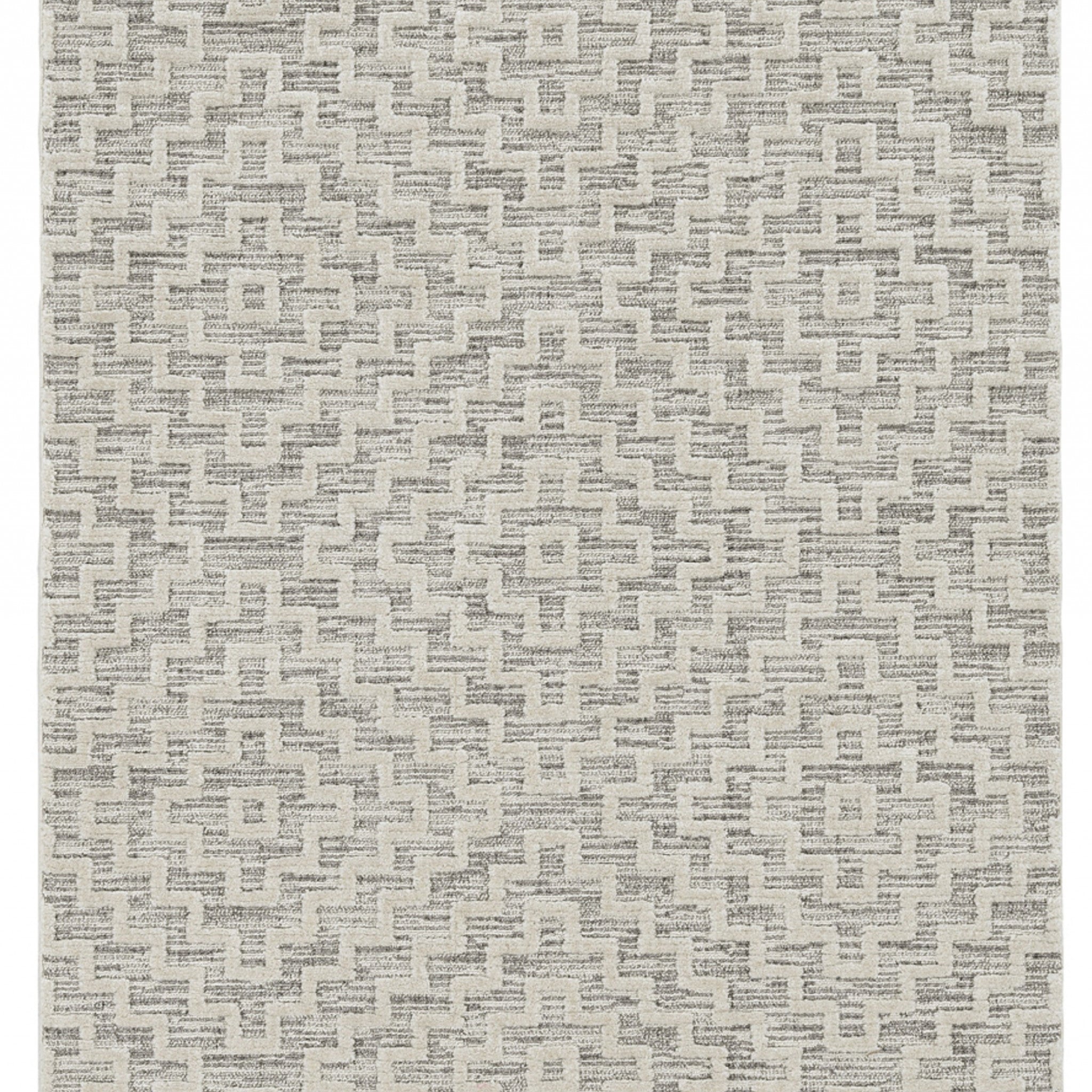 8' Ivory Grey Machine Woven Geometric With Fringe Indoor Runner Rug