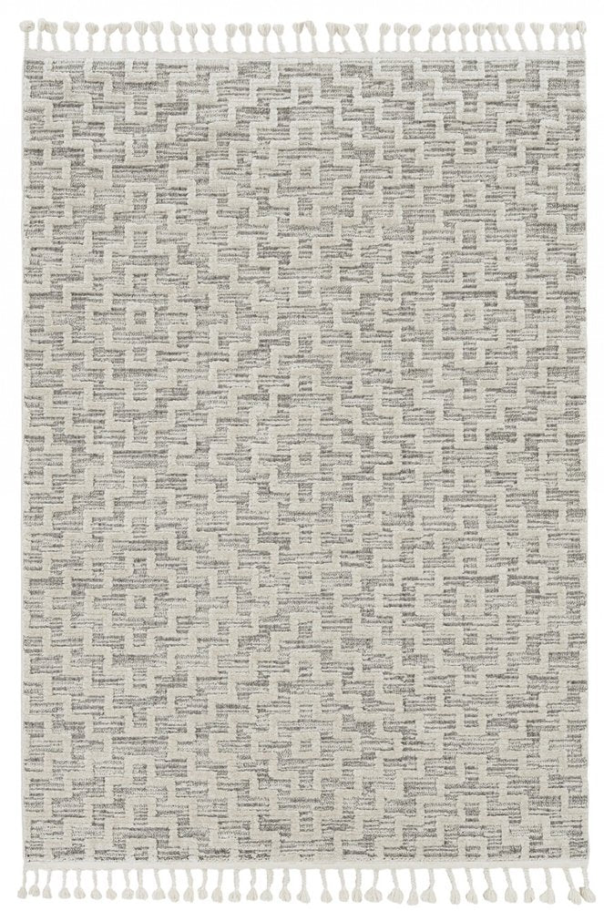 8' Ivory And Gray Geometric Runner Rug With Fringe