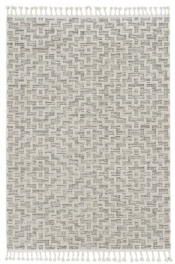 8' Ivory And Gray Geometric Runner Rug With Fringe