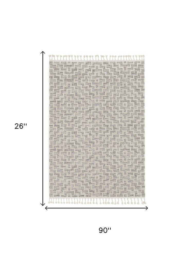 8' Ivory And Gray Geometric Runner Rug With Fringe
