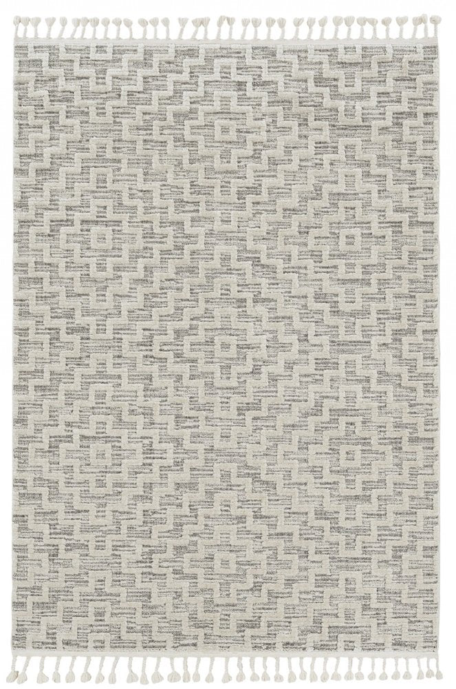 8' Ivory And Gray Geometric Runner Rug With Fringe