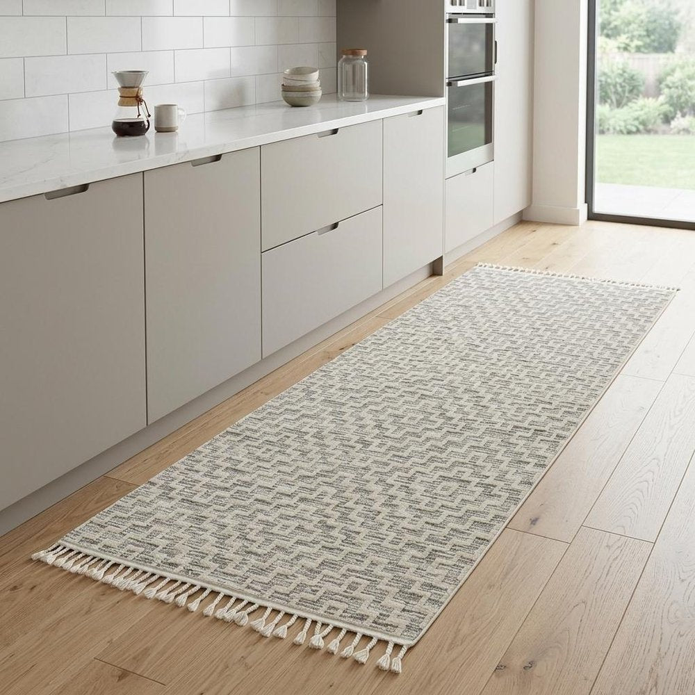 8' Ivory And Gray Geometric Runner Rug With Fringe