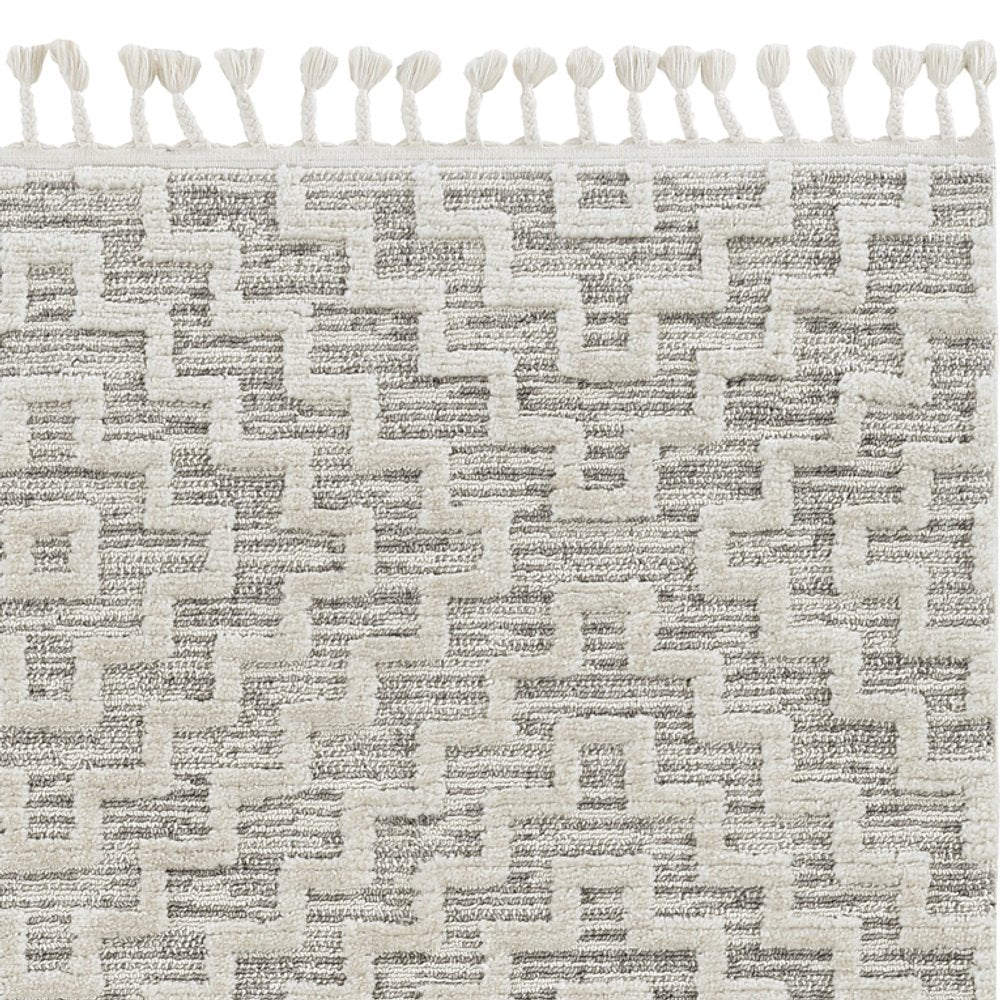 8' Ivory And Gray Geometric Runner Rug With Fringe