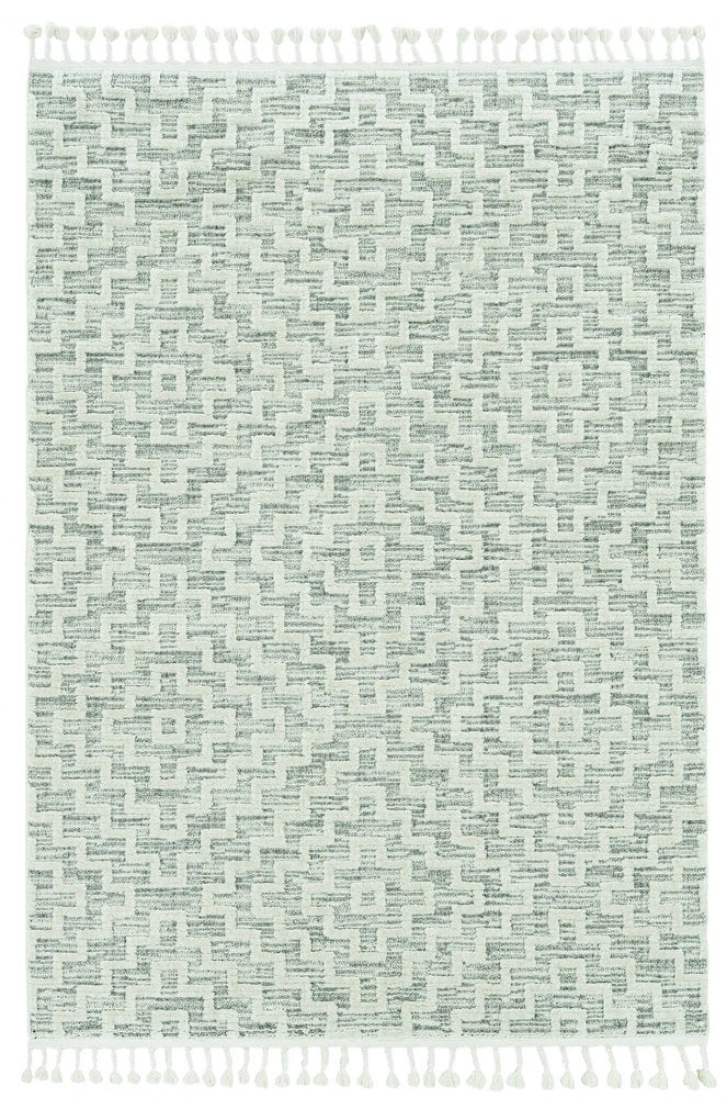 8' Ivory And Gray Geometric Runner Rug With Fringe