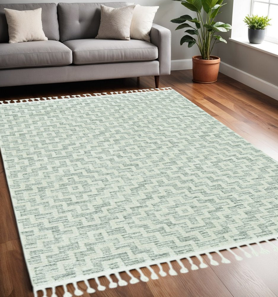8' Ivory And Gray Geometric Runner Rug With Fringe