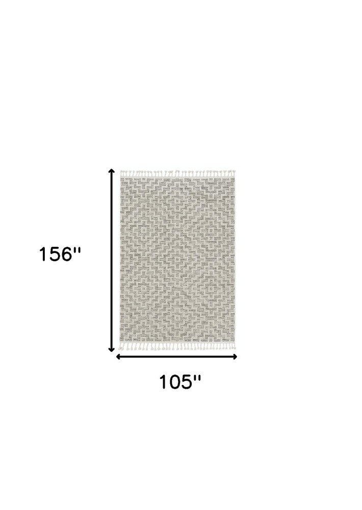 8' Ivory And Gray Geometric Runner Rug With Fringe