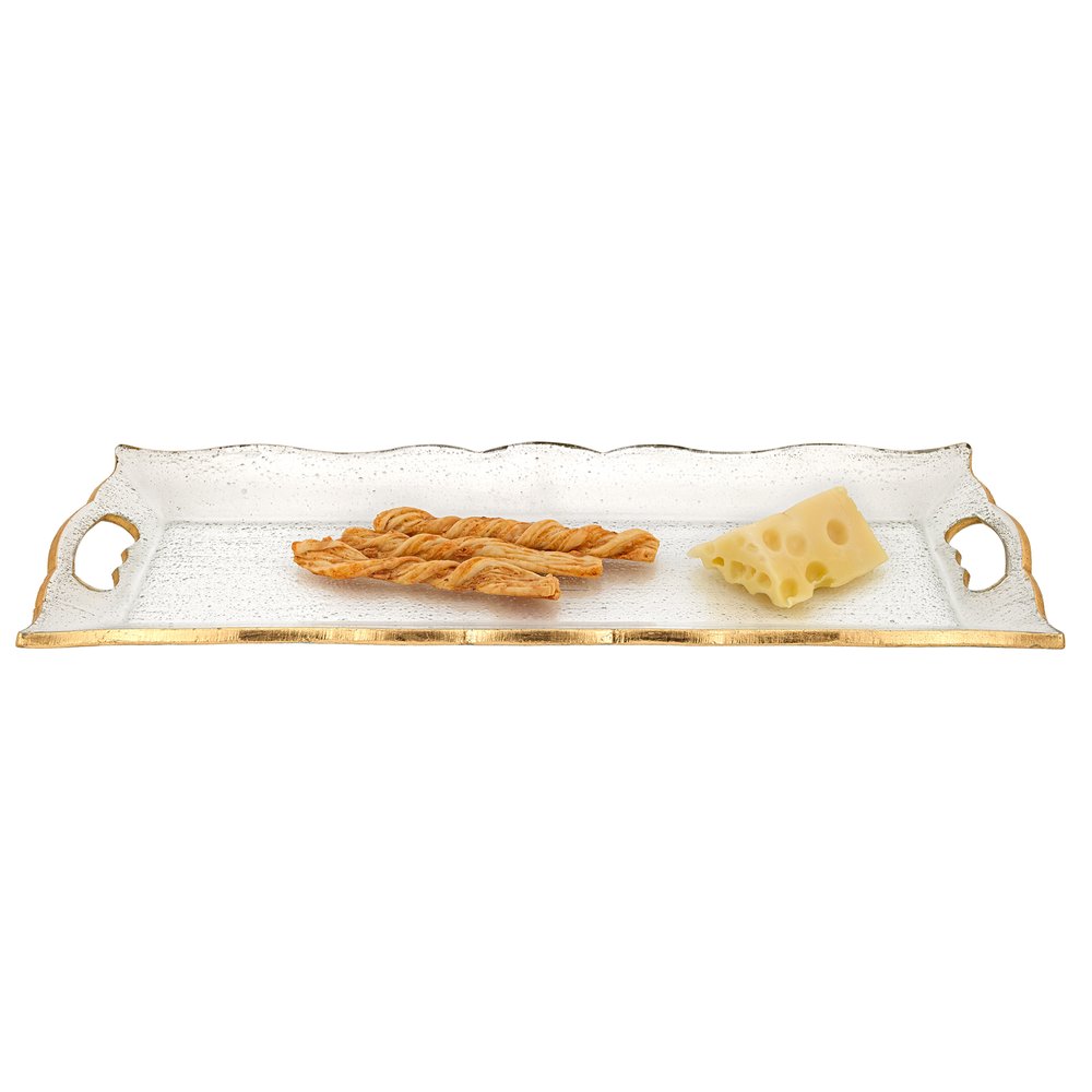 20" Clear And Gold Seeded Glass Serving Tray With Handles