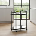 Cyclider Black Metal With Two Mirror Glass Shelves Bar Cart
