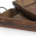 Set of Two Brown Rectangular Wood Indoor Outdoor Serving Tray With Handles