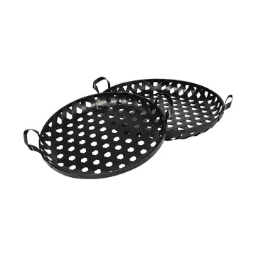 Set of Two Black Round Metal Indoor Outdoor Tray With Handles