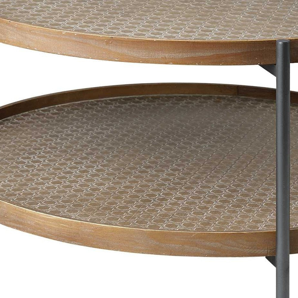 33" Brown and Black Solid Wood and Iron Round Coffee Table With Shelf