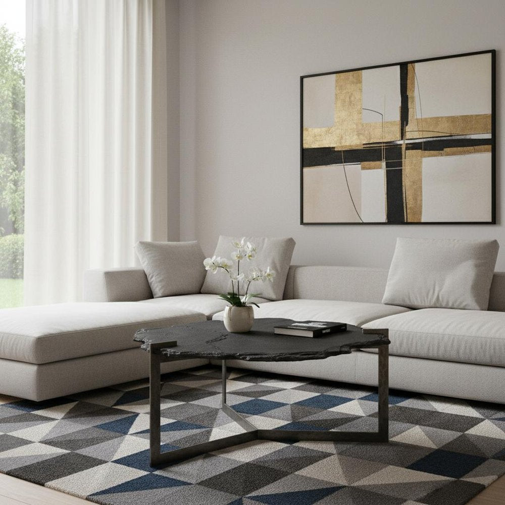 40" Black and Gold Stone and Iron Free Form Distressed Coffee Table