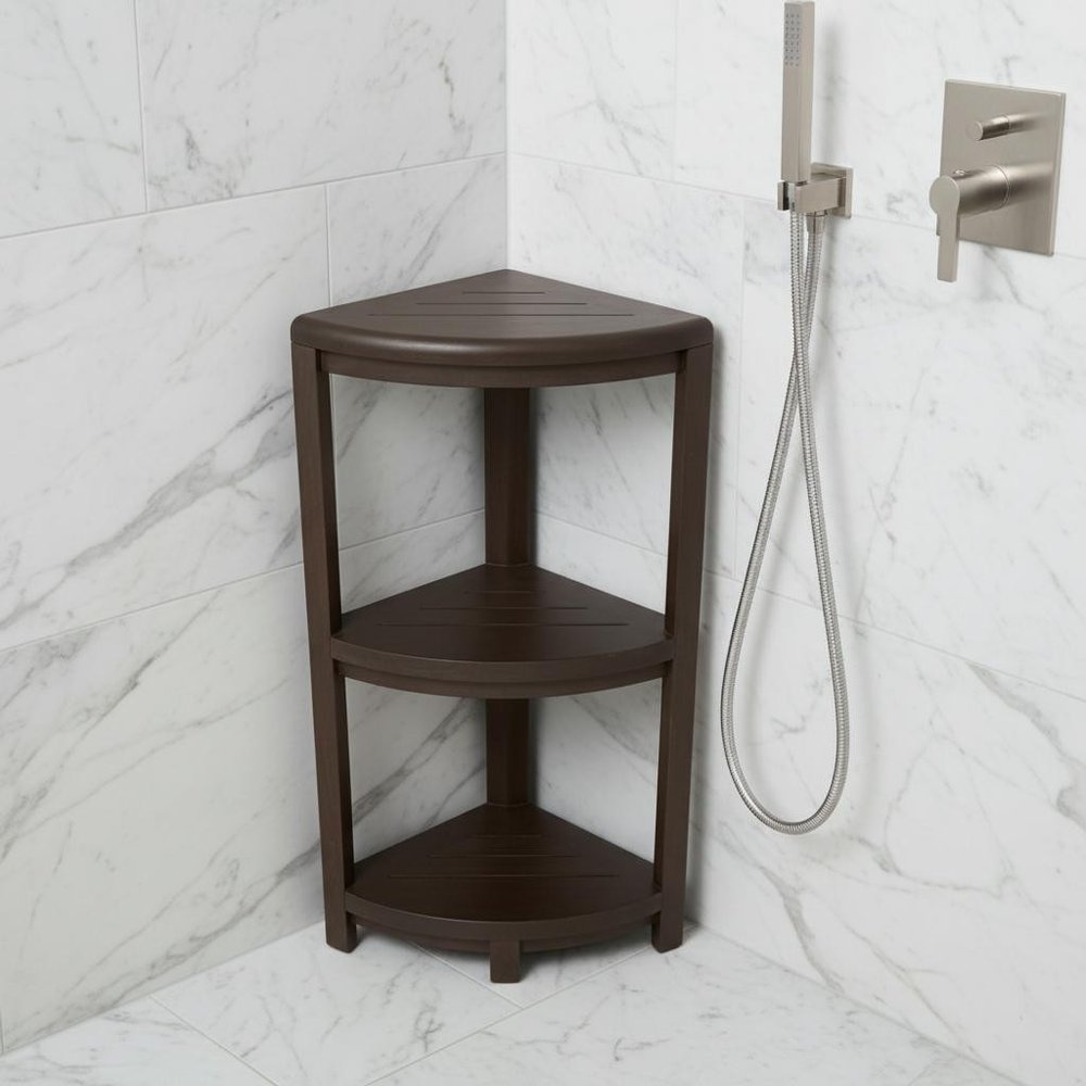 Teak Three Tier Corner Corner Shower Shelf  In  Brown Finish