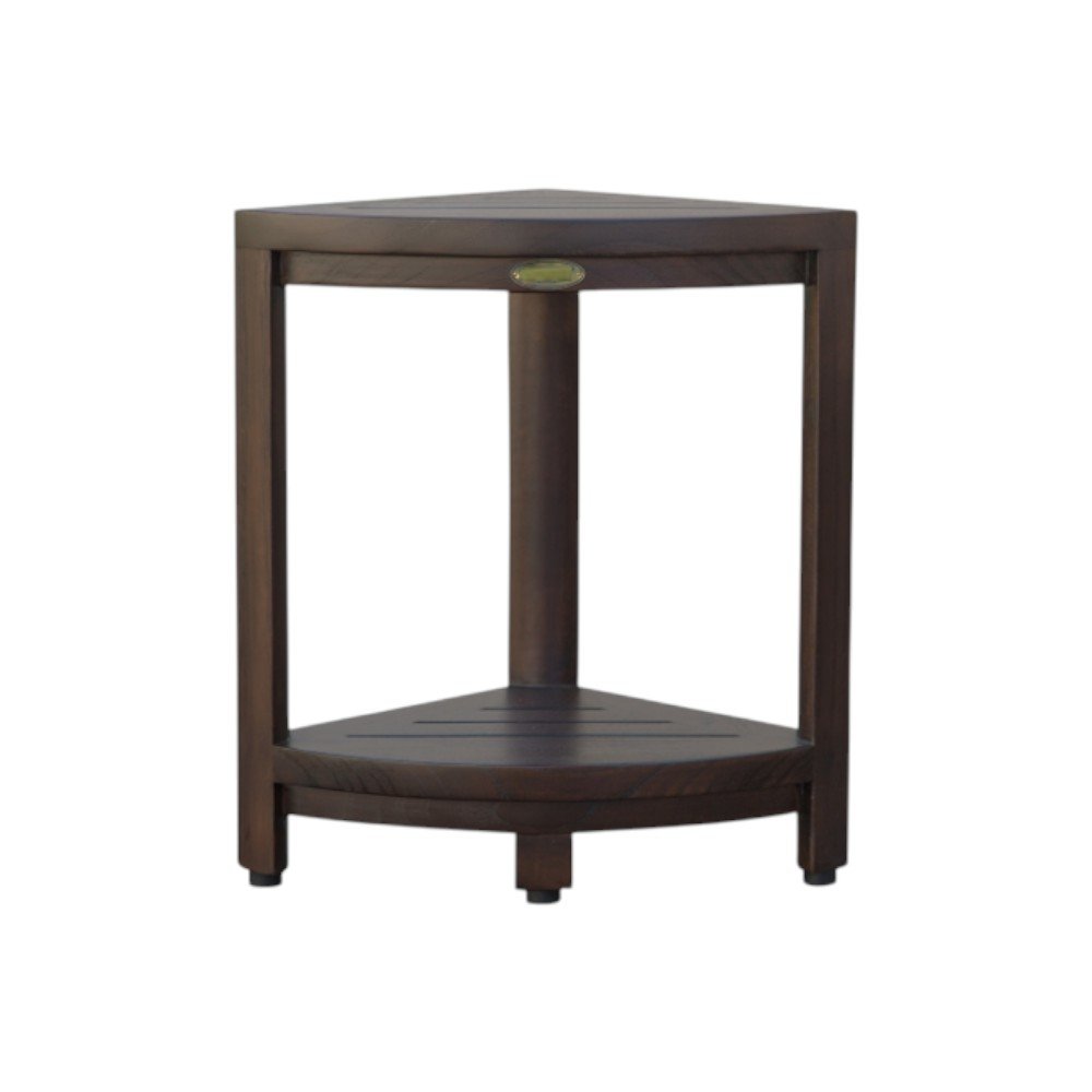 Compact Triangular Teak Shower Outdoor Bench With Shelf In Brown Finish