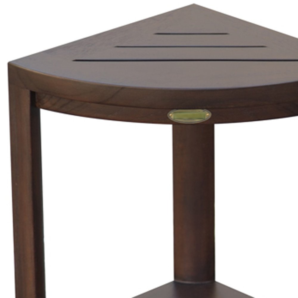 Compact Triangular Teak Shower Outdoor Bench With Shelf In Brown Finish