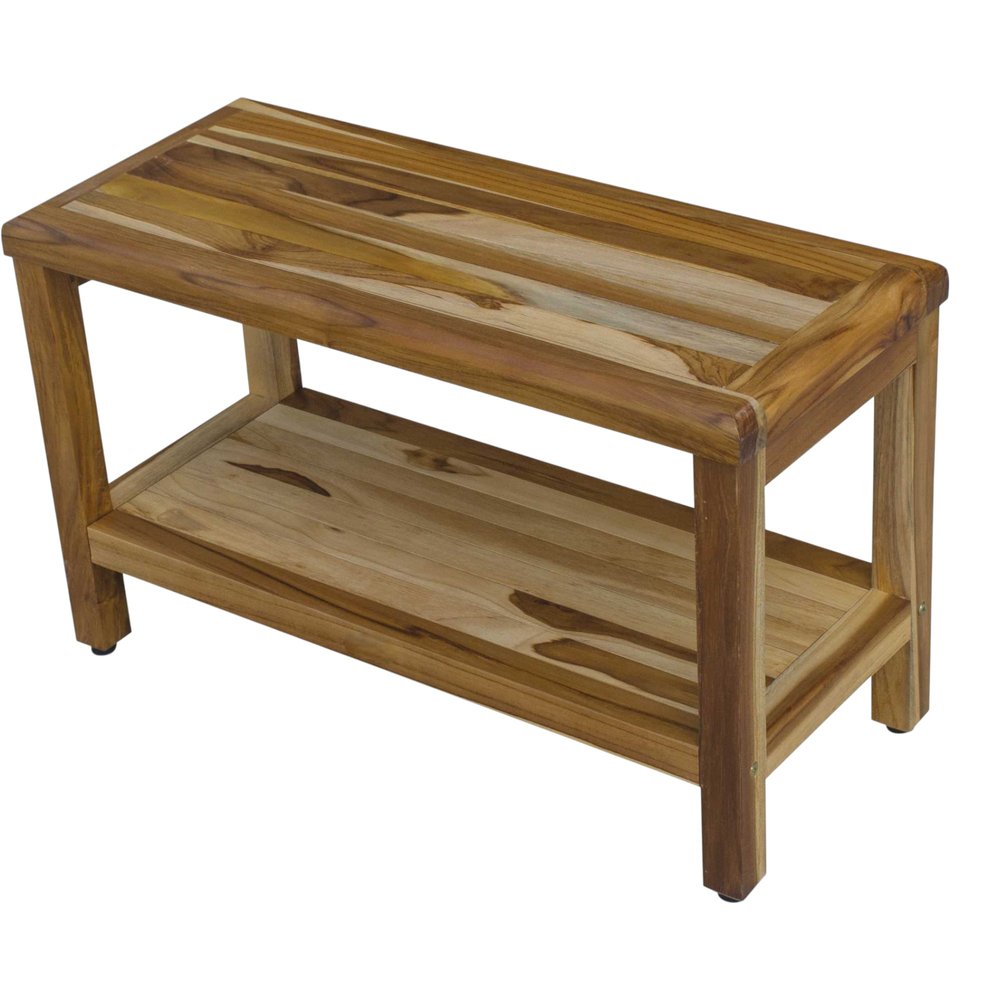 Rectangular Teak Shower Bench With Shelf In Natural Finish