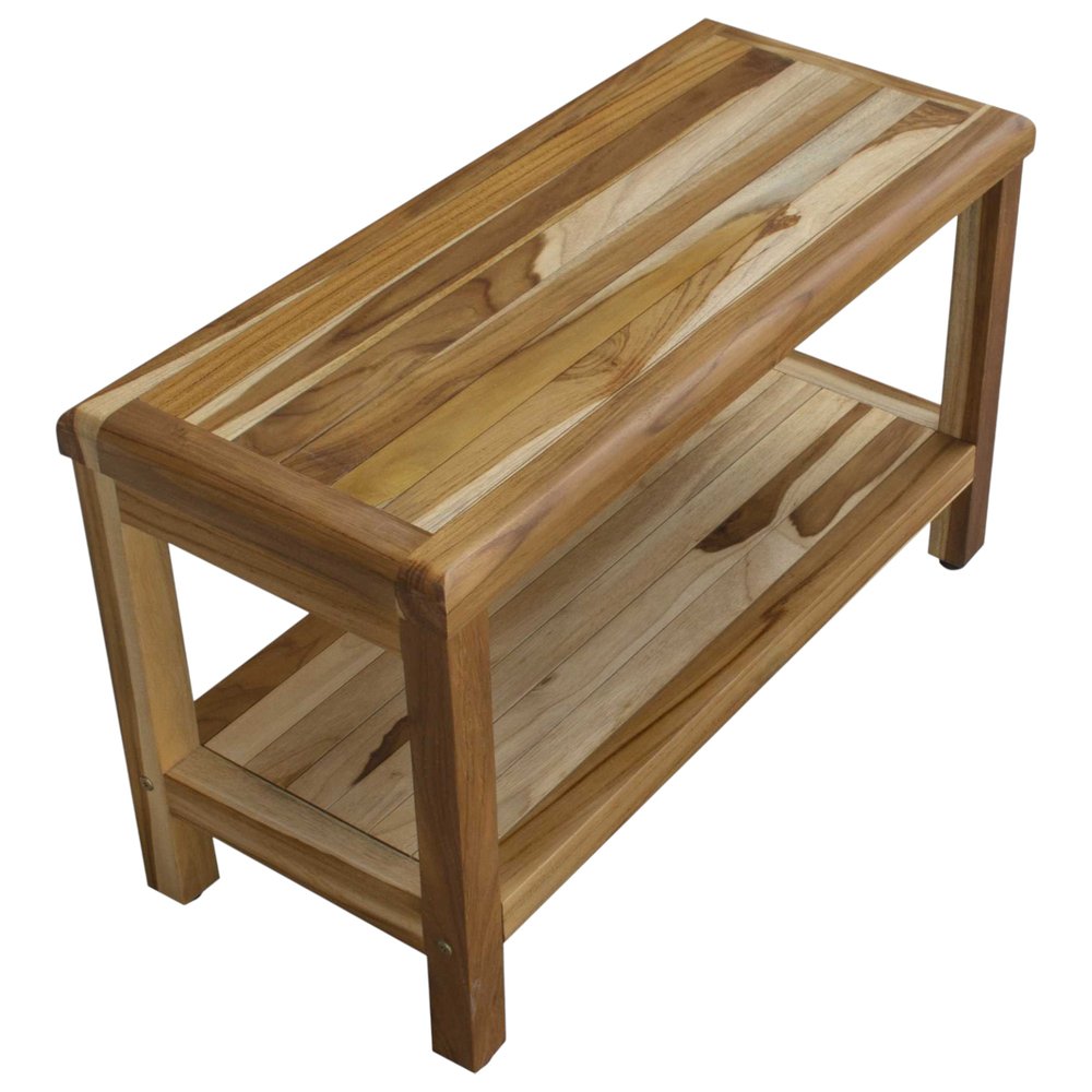 Rectangular Teak Shower Bench With Shelf In Natural Finish