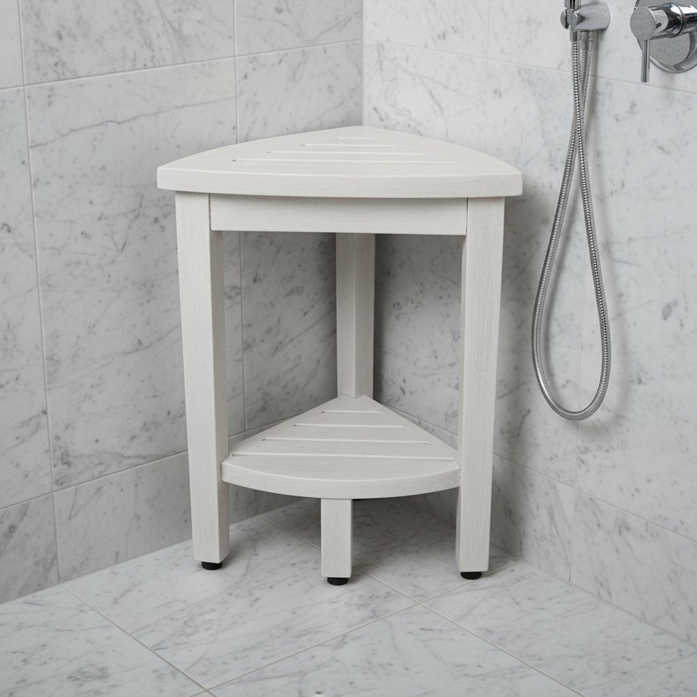 Compact Teak Corner Shower Stool With Shelf In Whitewash Finish