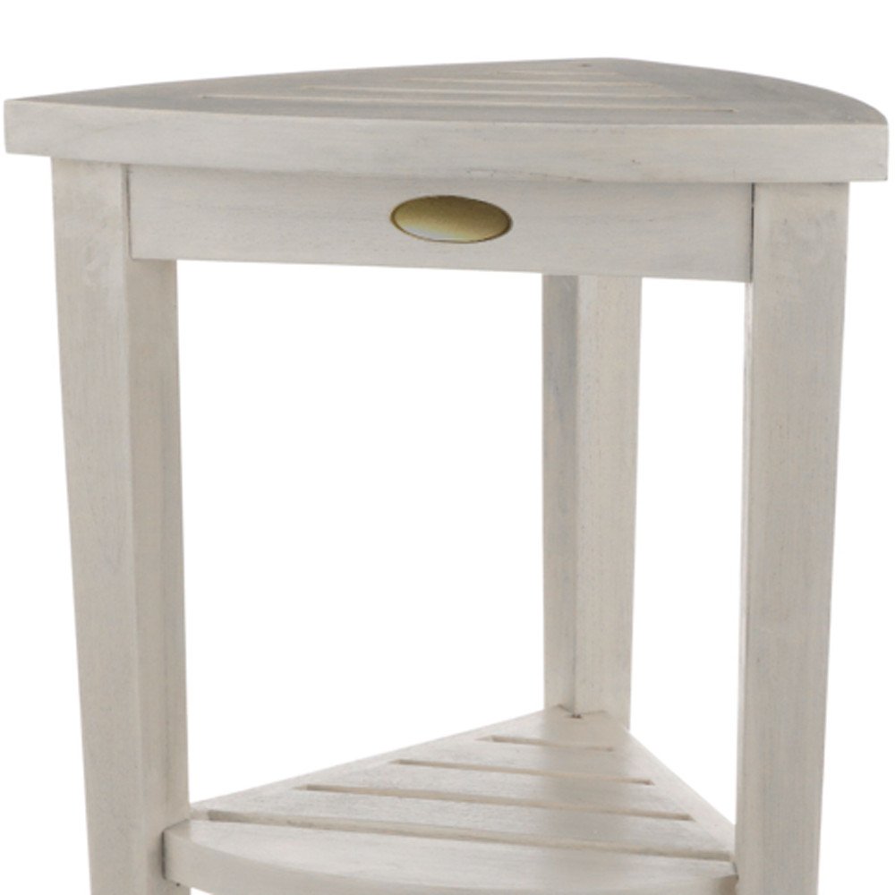 Compact Teak Corner Shower Stool With Shelf In Whitewash Finish