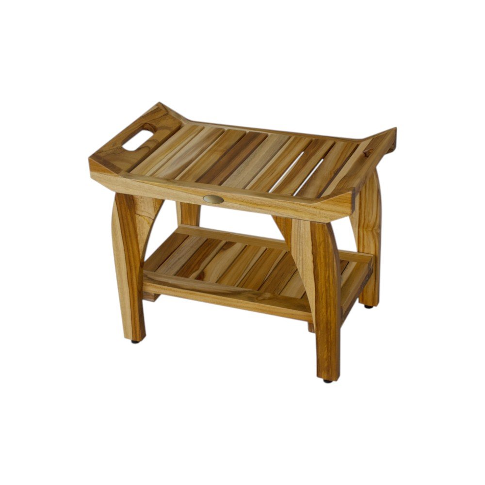 Compact Rectangular Teak Shower Bench With Handles In Natural Finish