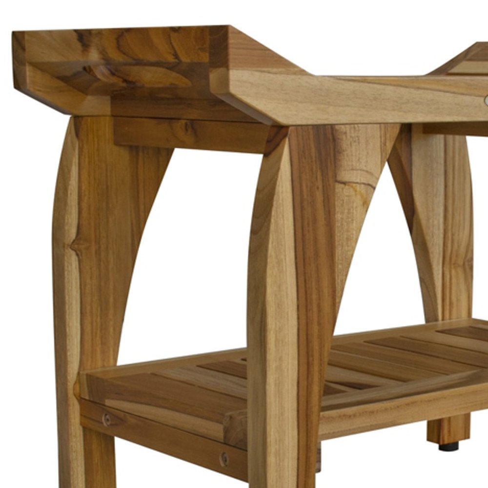 Compact Rectangular Teak Shower Bench With Handles In Natural Finish