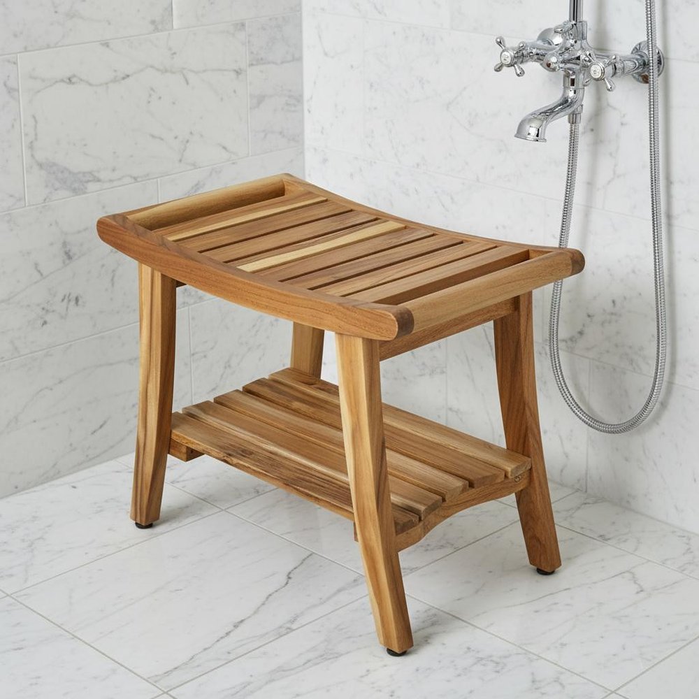 Contemporary Teak Shower Bench With Shelf In Natural Finish