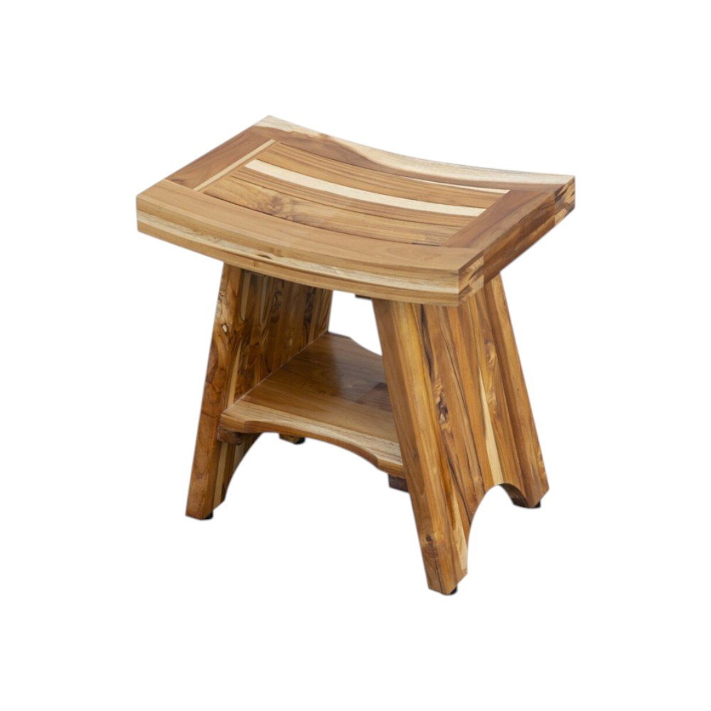 Compact Curvilinear Teak Shower Outdoor Bench With Shelf In Natural Finish