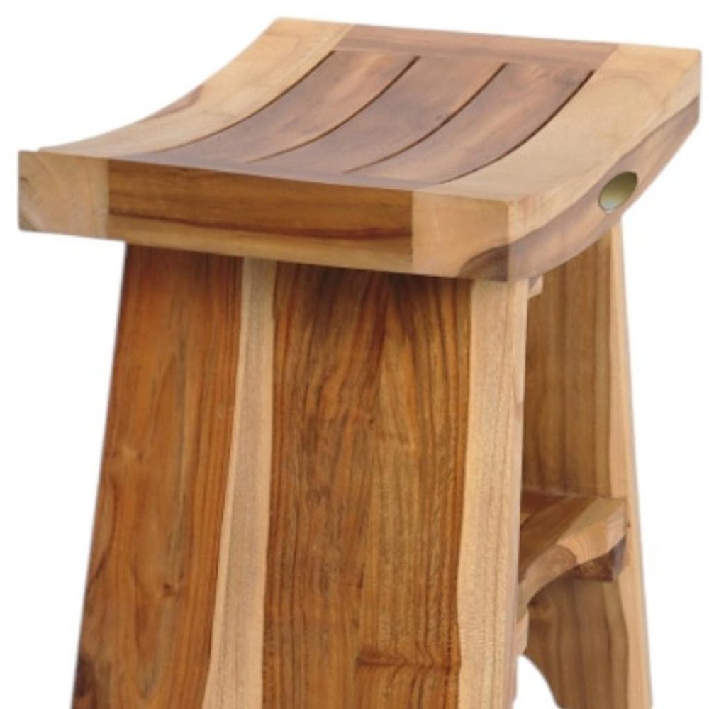 Compact Curvilinear Teak Shower Outdoor Bench With Shelf In Natural Finish