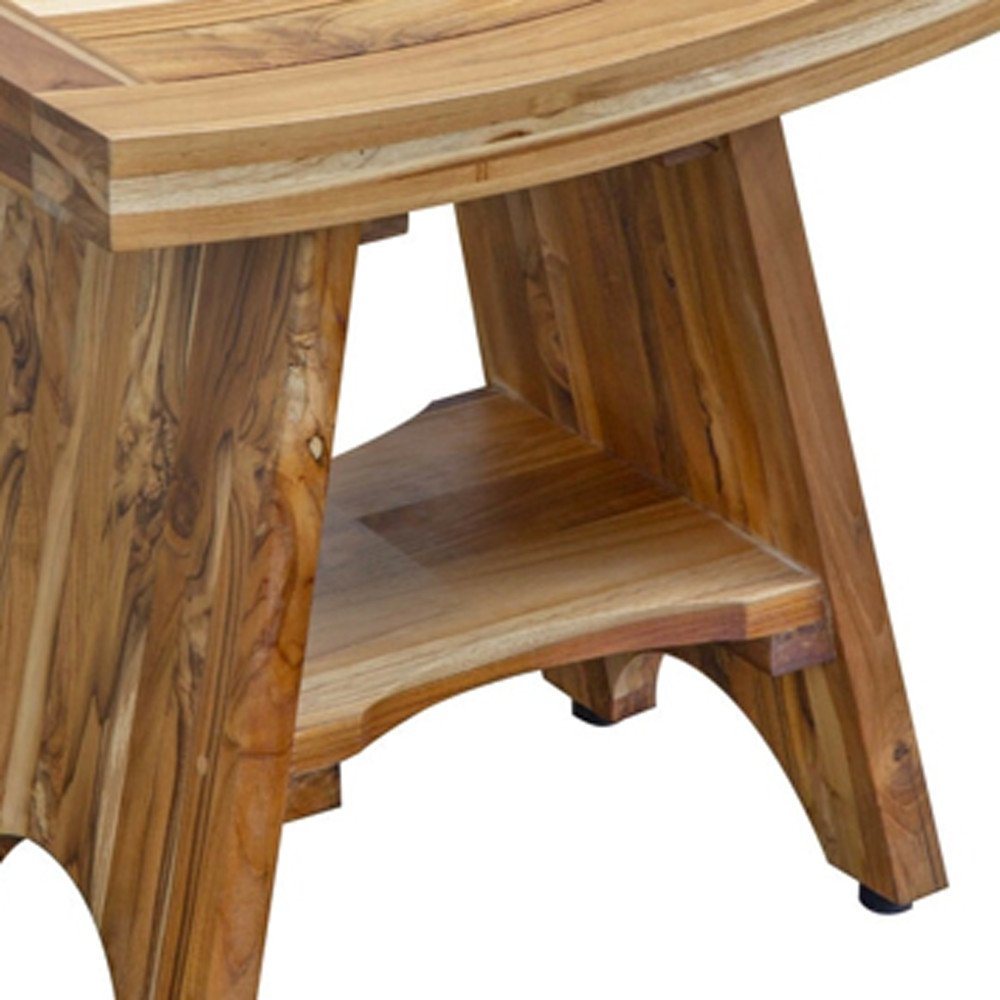 Compact Curvilinear Teak Shower Outdoor Bench With Shelf In Natural Finish