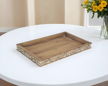 17" Brown Distressed Finish Wood Tray With Side Carvings