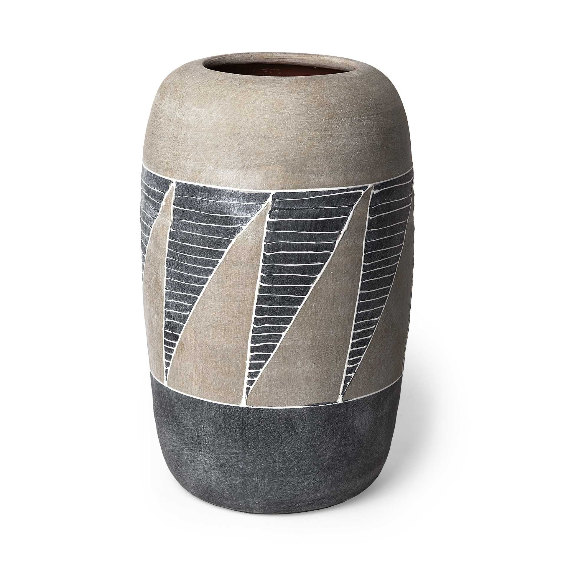 15" Brown And Gray Geometric Tribal Ceramic Table Vase