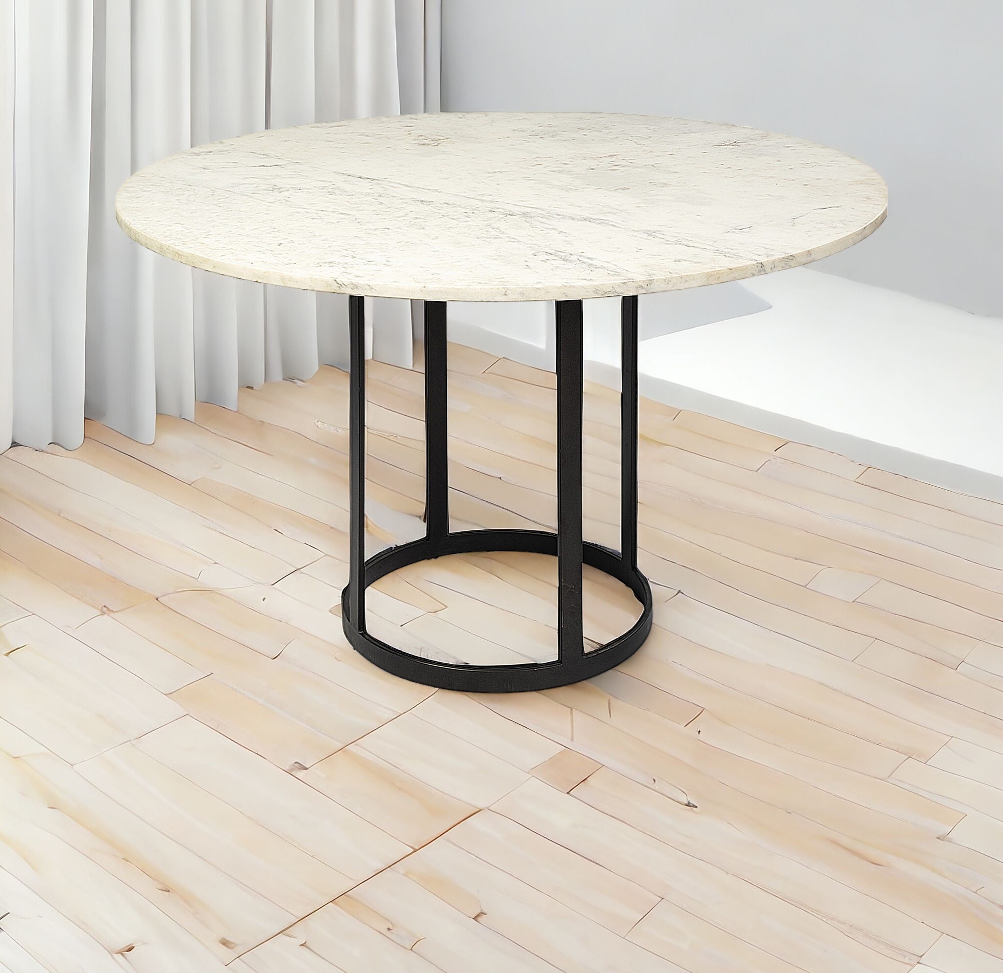 48" White And Black Rounded Marble And Metal Pedestal Base Dining Table