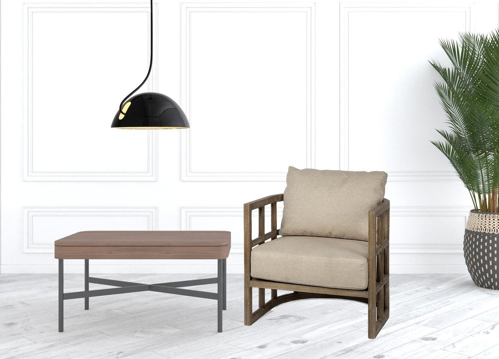 30" Cream and Brown Fabric Arm Chair