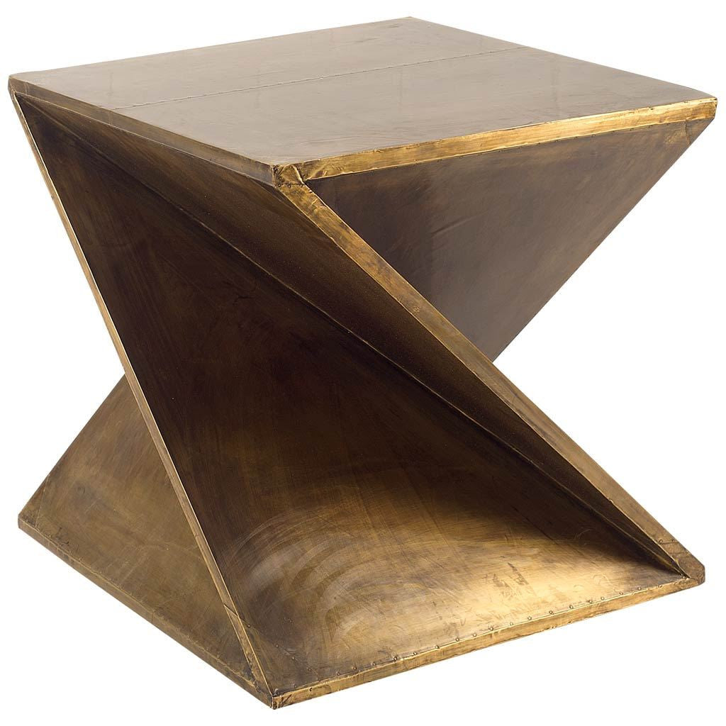 21" Brass Clad Distressed Wood Abstract End Table