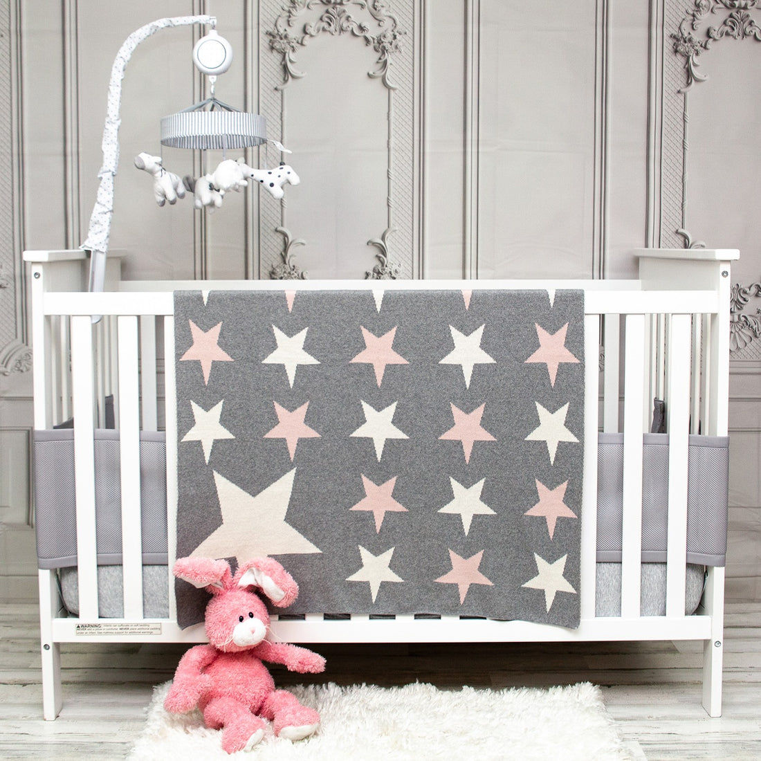 Grey Ivory And Pink Stars Knitted Baby Blanket