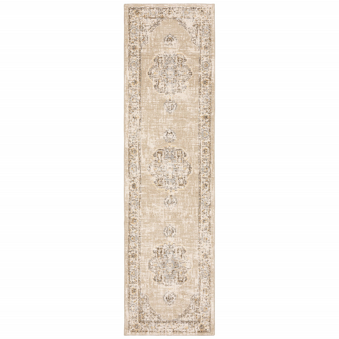 2' X 8' Beige And Ivory Center Jewel Runner Rug