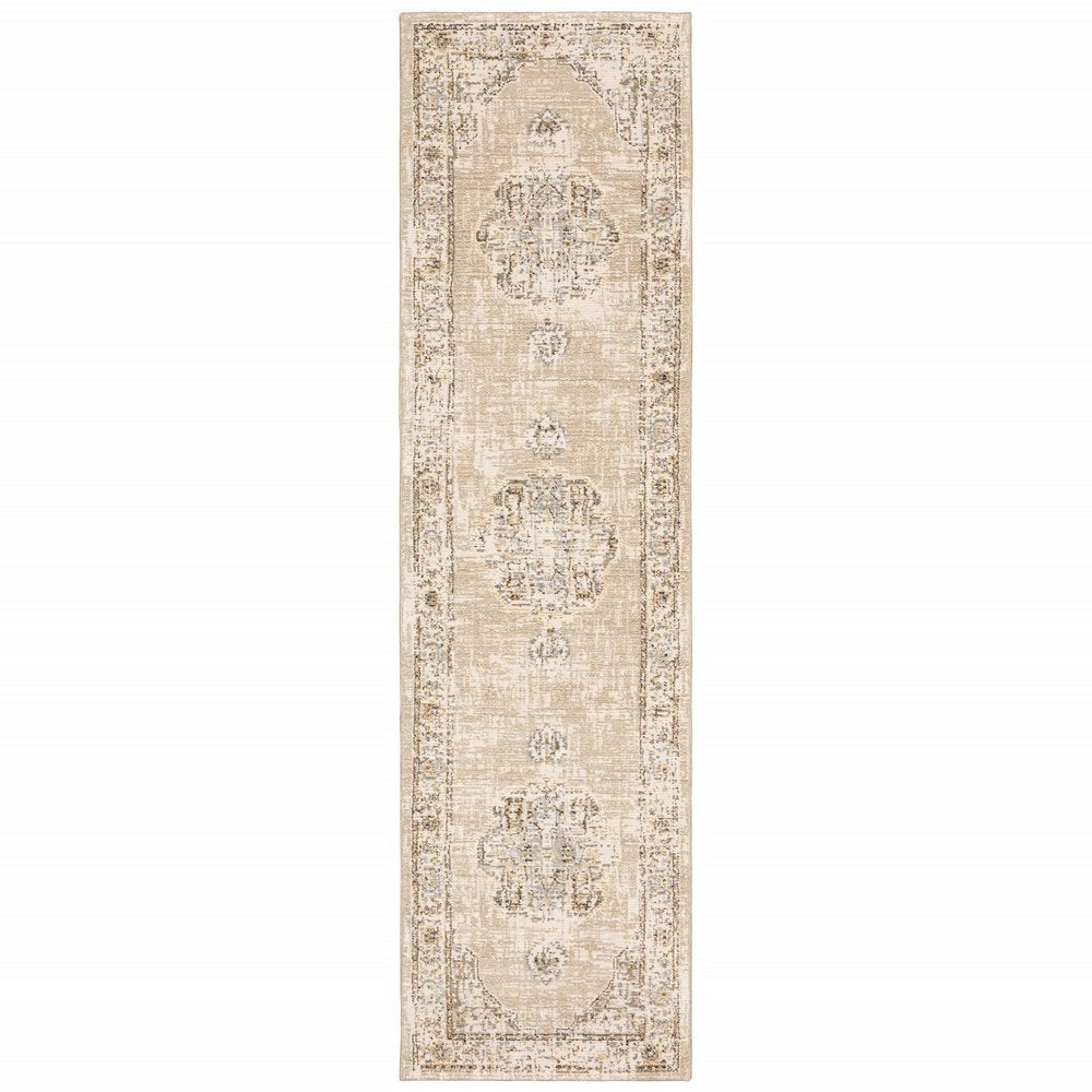 8' Beige And Ivory Medallion Runner Rug