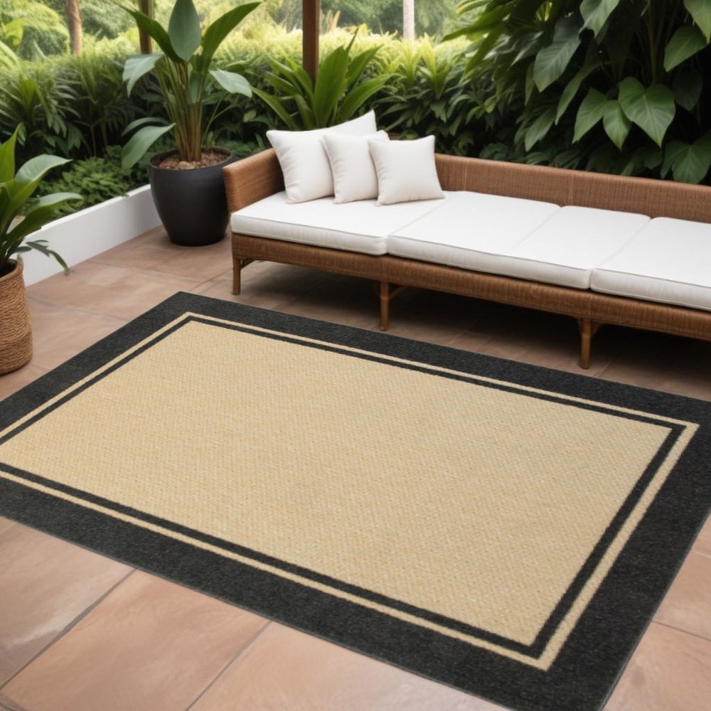 8' X 11' Beige And Black Indoor Outdoor Area Rug