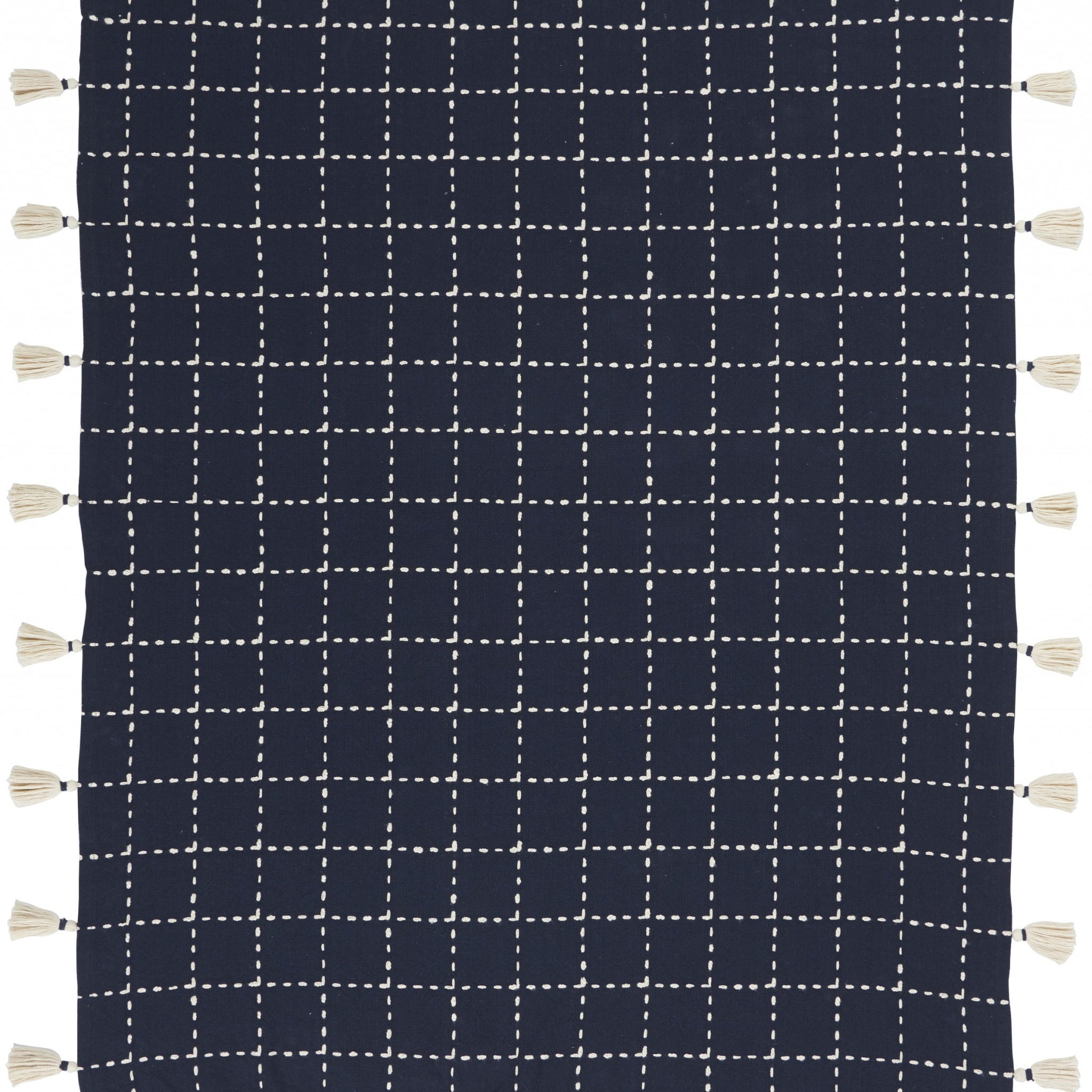 Navy And White Stitched Square Pattern Cotton Throw Blanket