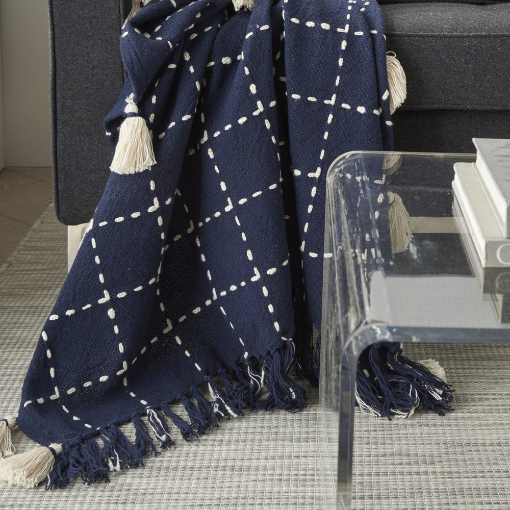 Navy And White Stitched Square Pattern Cotton Throw Blanket