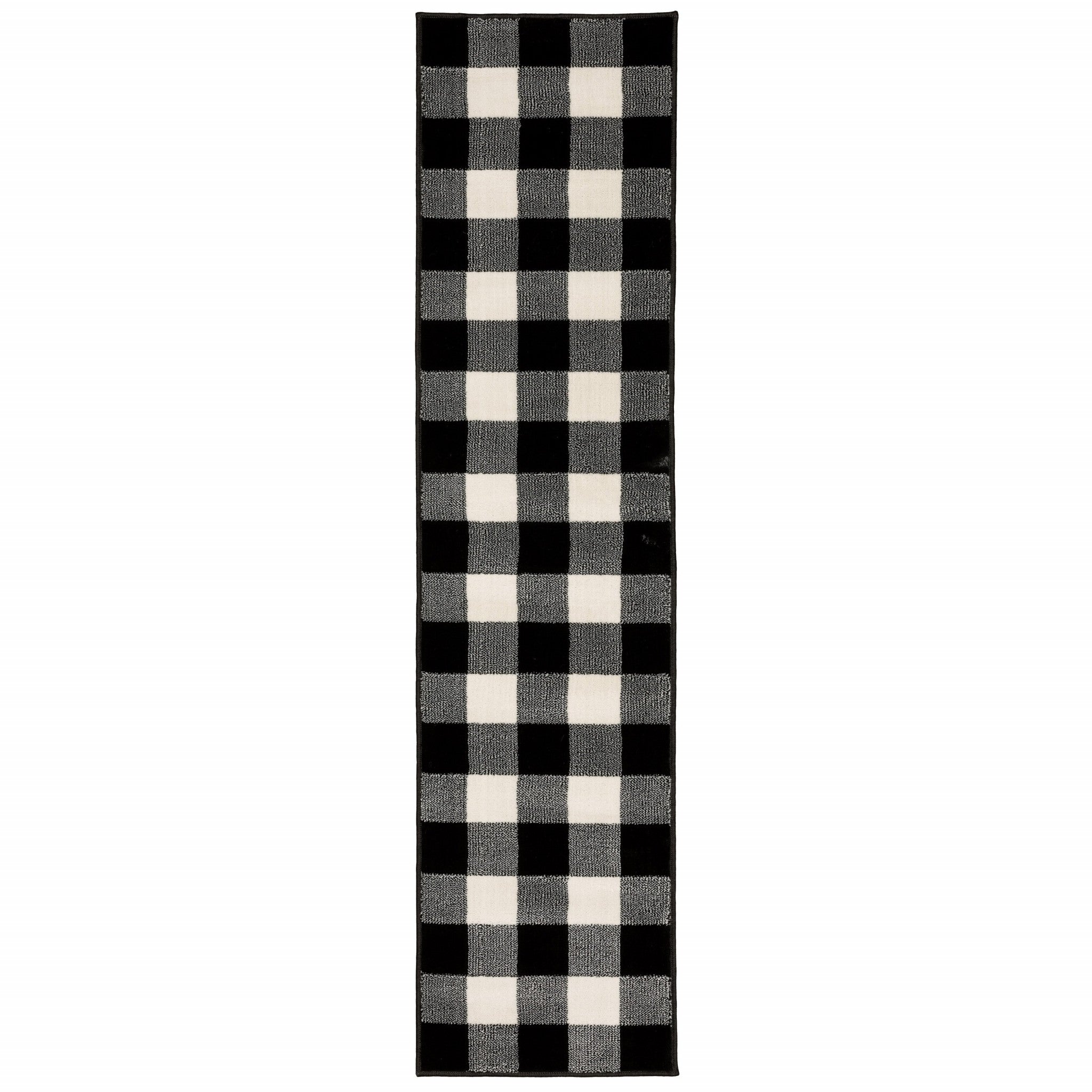 8' Ivory And Black Gingham Runner Rug