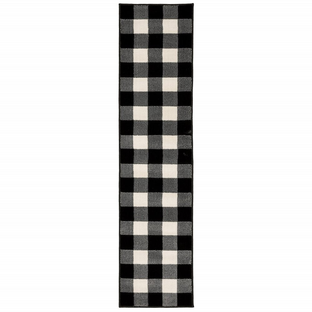 8' Ivory And Black Gingham Runner Rug