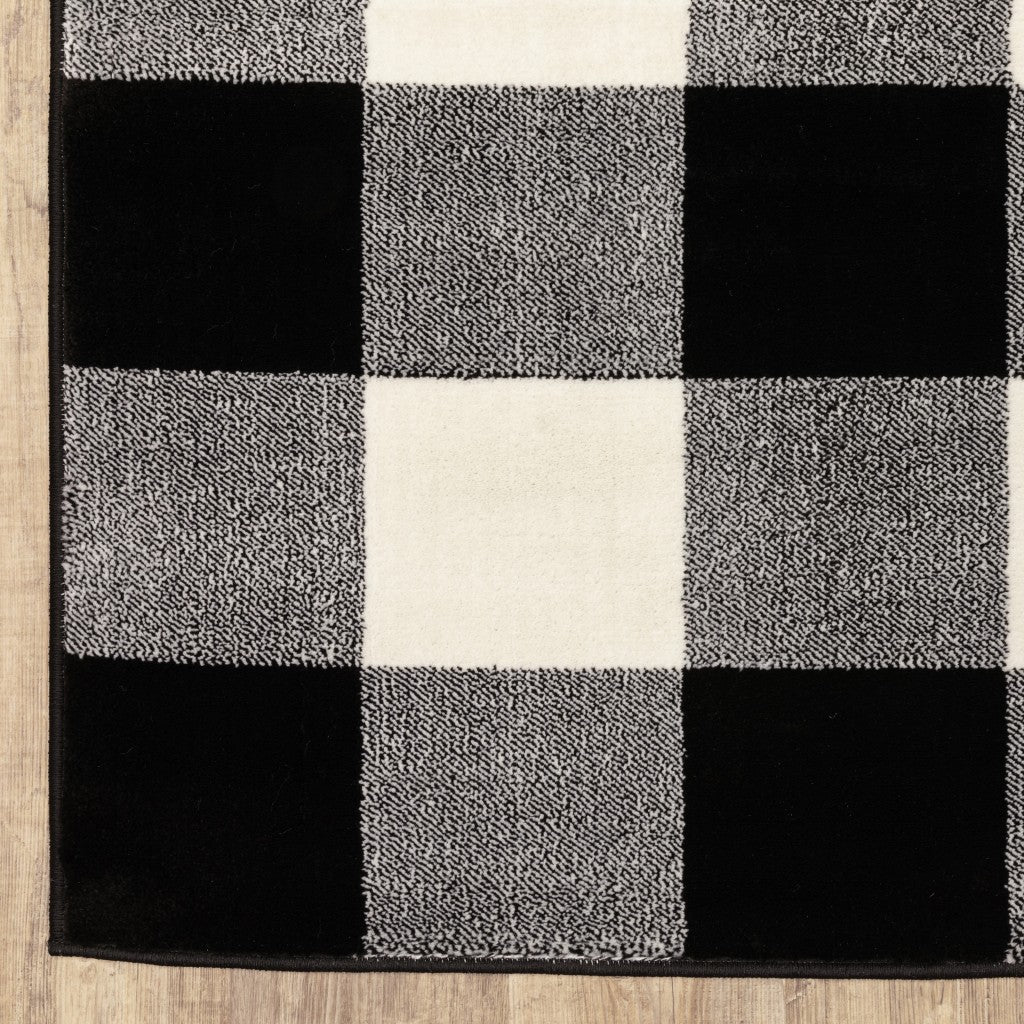 8' Ivory And Black Gingham Runner Rug