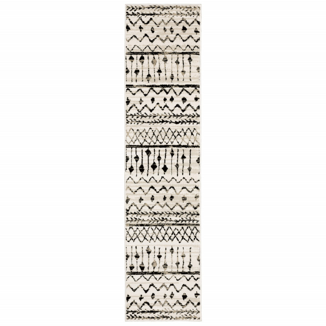 8' Ivory And Black Tribal Runner Rug