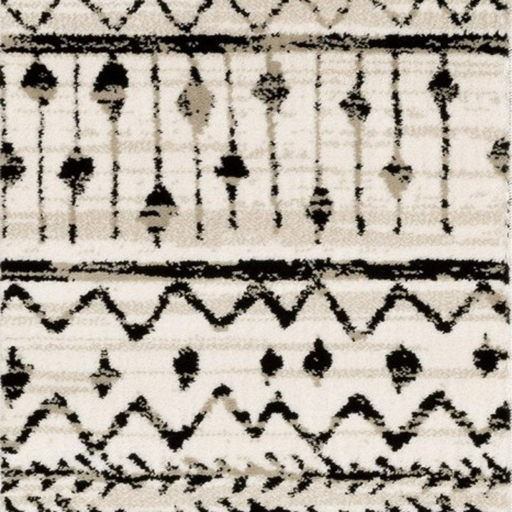 8' Ivory And Black Tribal Runner Rug