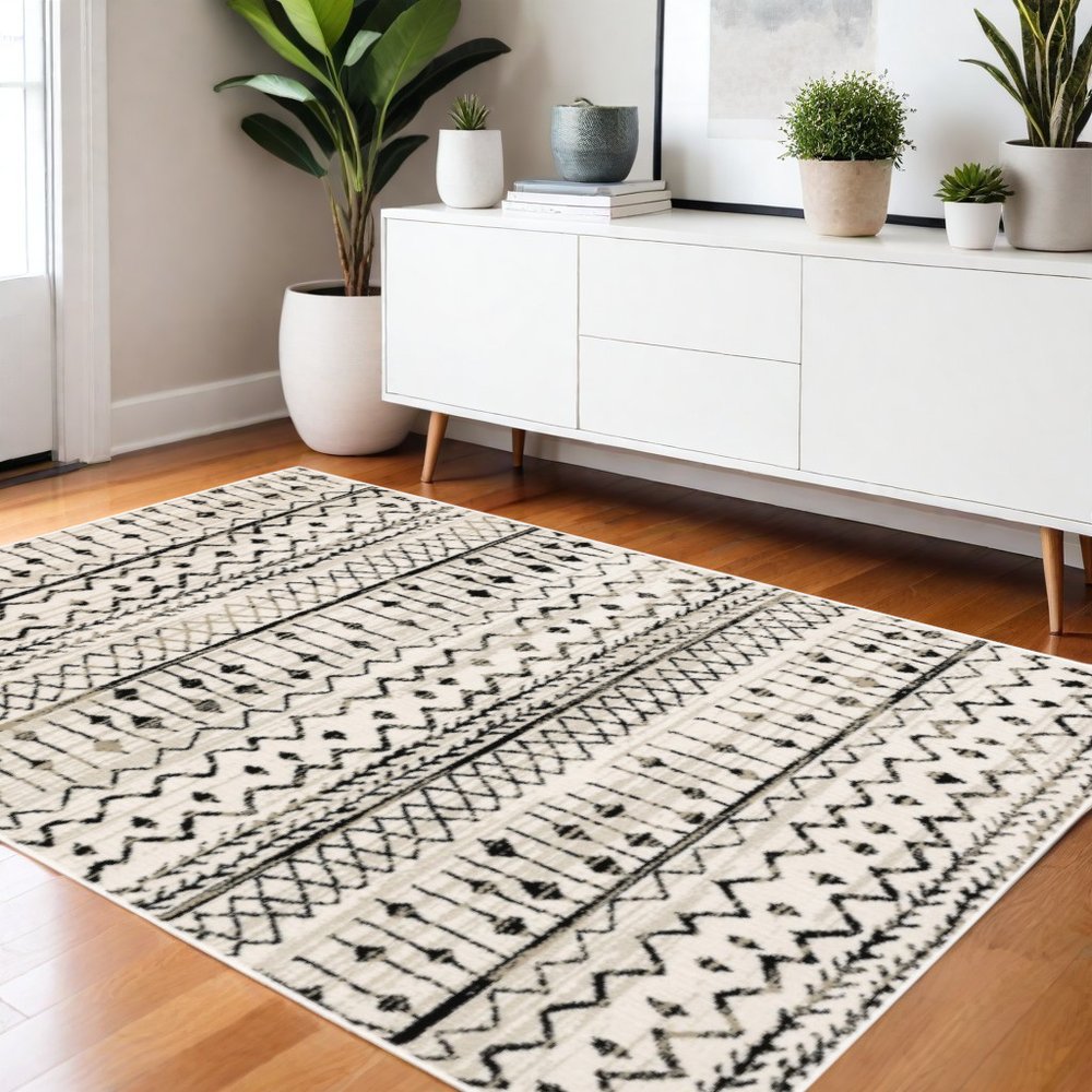 8' Ivory And Black Tribal Runner Rug