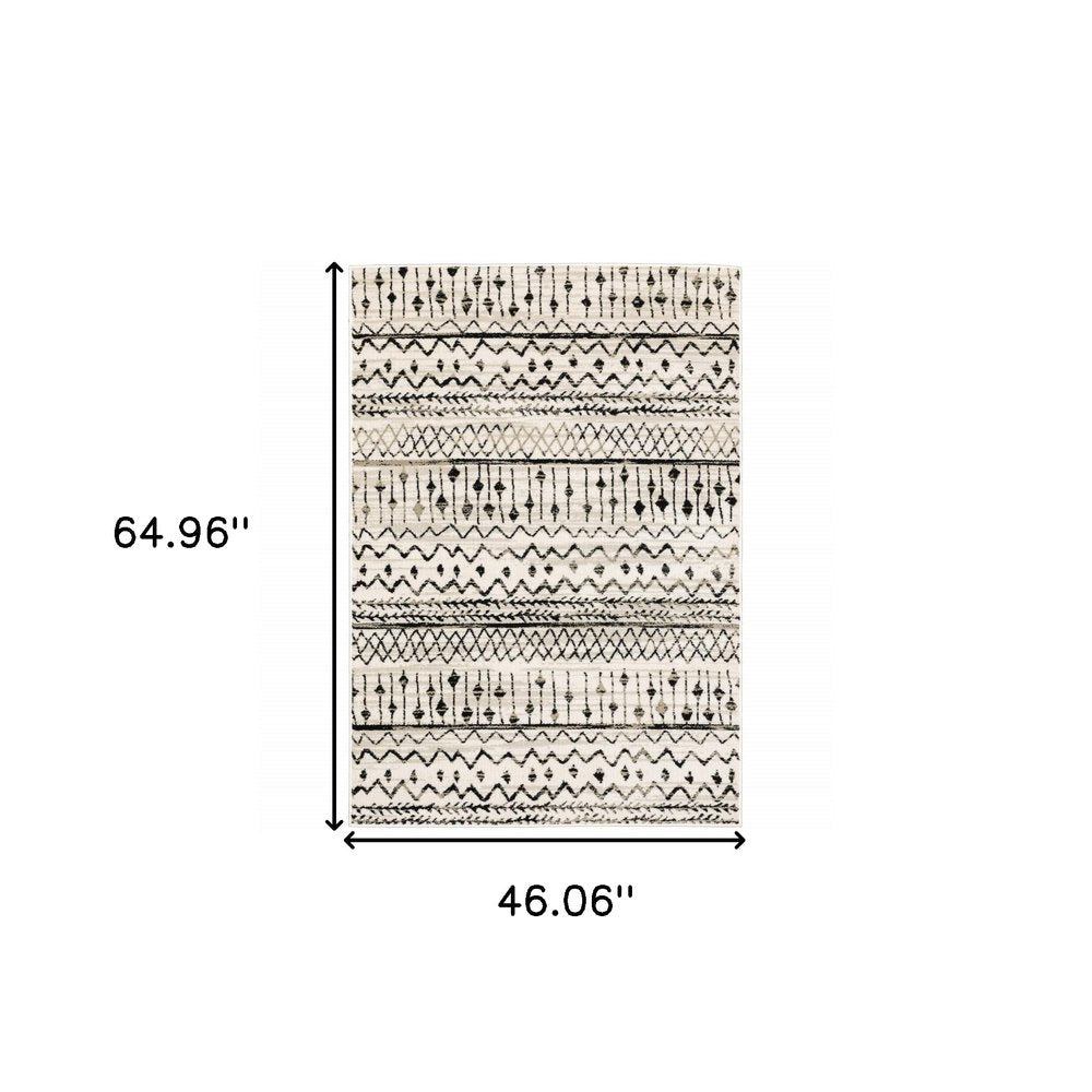 8' Ivory And Black Tribal Runner Rug